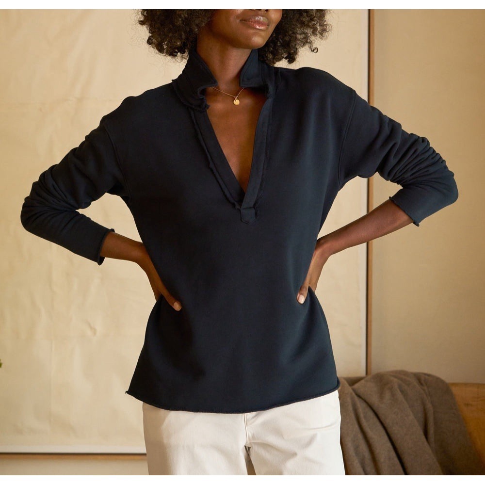 Frank & Eileen Patrick Popover Henley Womens XL Black Cotton Made USA Minimalist